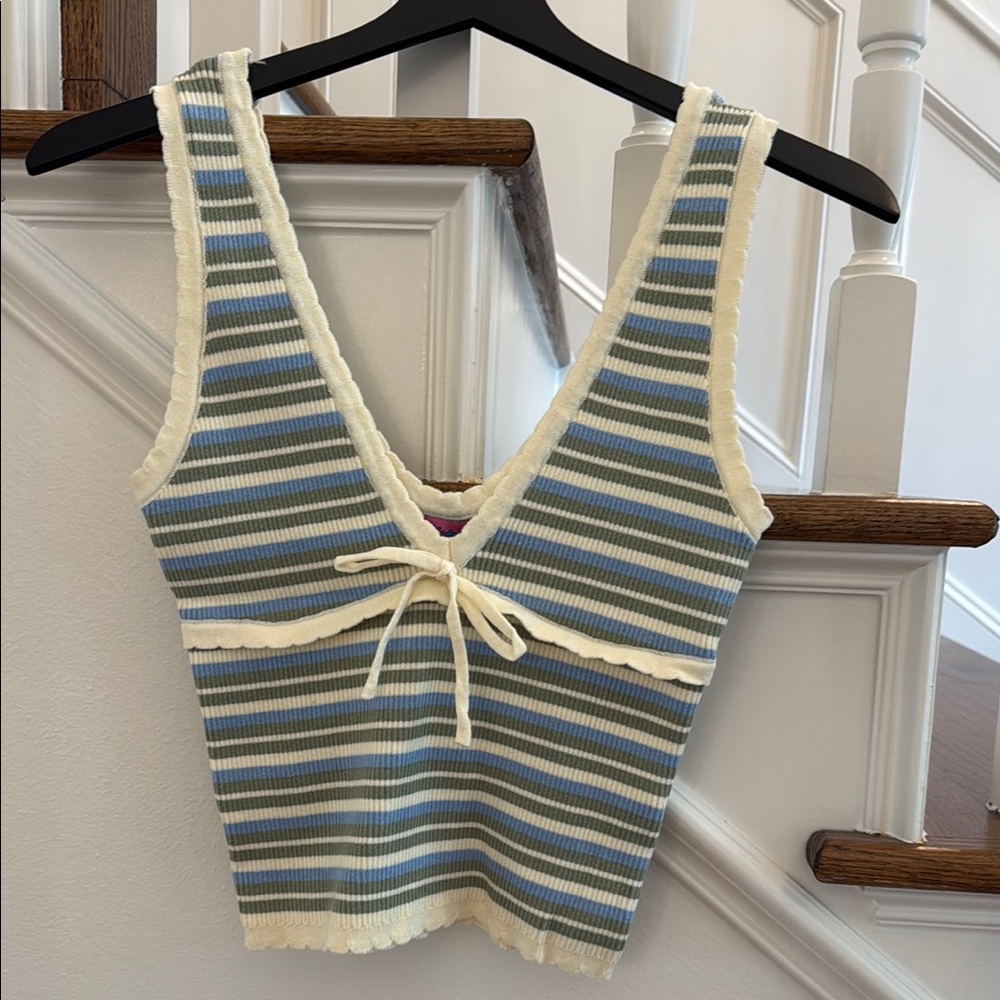 Edikted Cream and Green Crop Tie Front Tank Top